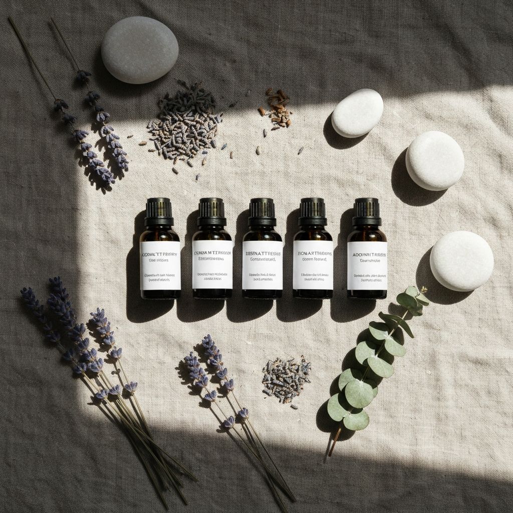 Collection of essential oil bottles, dried lavender, eucalyptus leaves and massage stones on soft linen