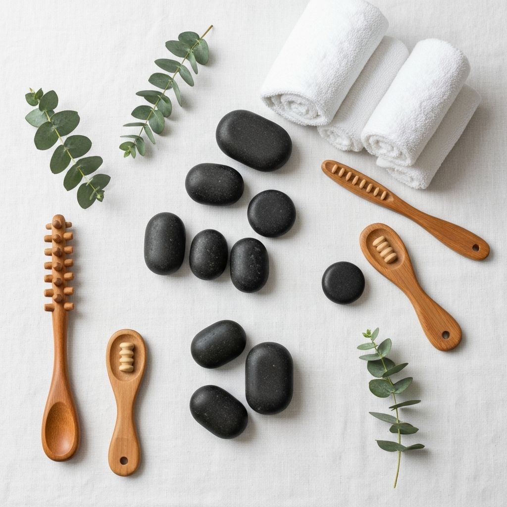 Professional massage tools including wooden rollers and smooth basalt stones on a white linen cloth